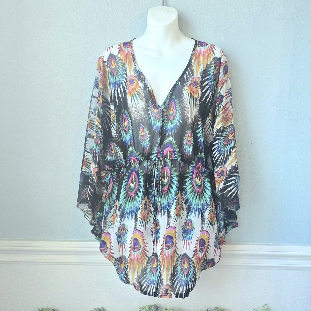 Colorful Feather Print Sheer Cover Up